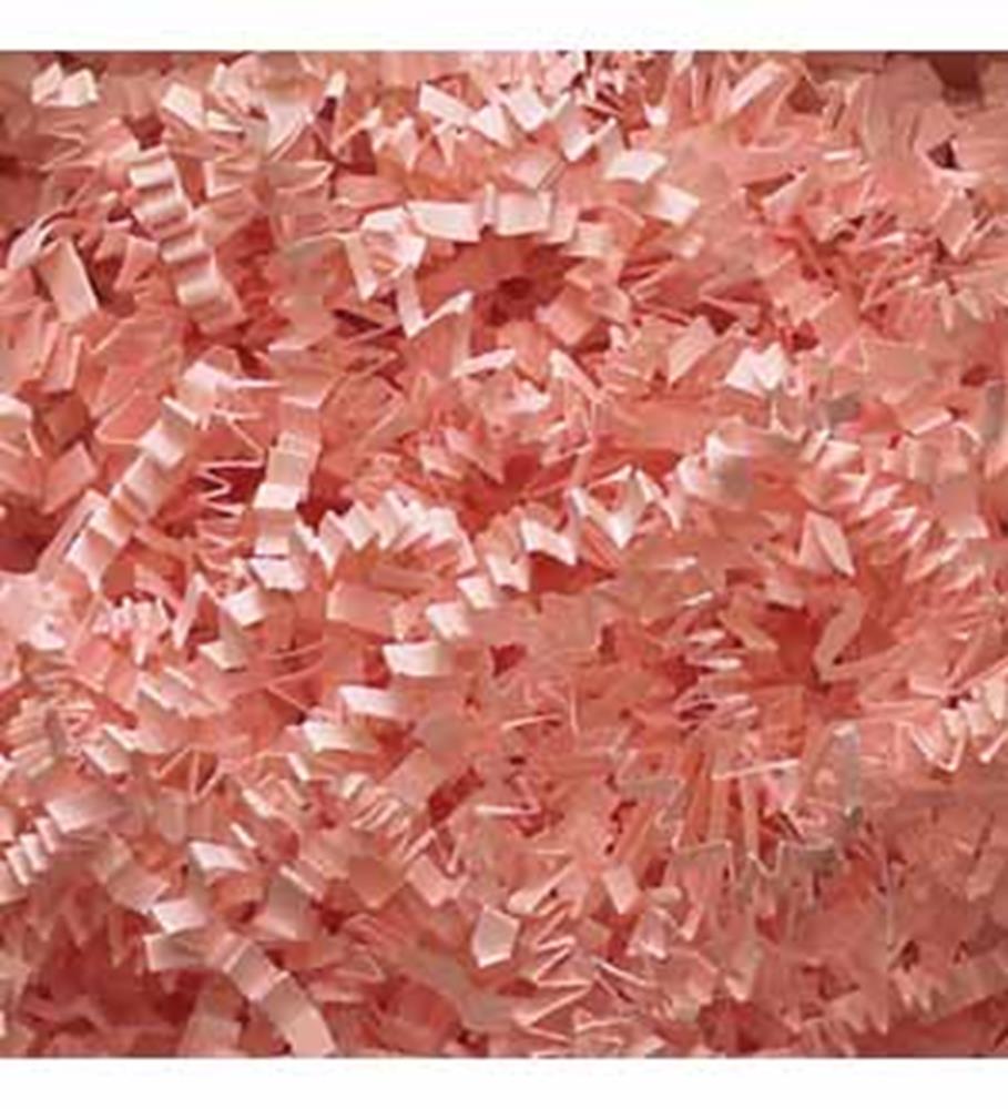 Light pink crinkled paper shreds with a soft texture for packaging or decoration.
