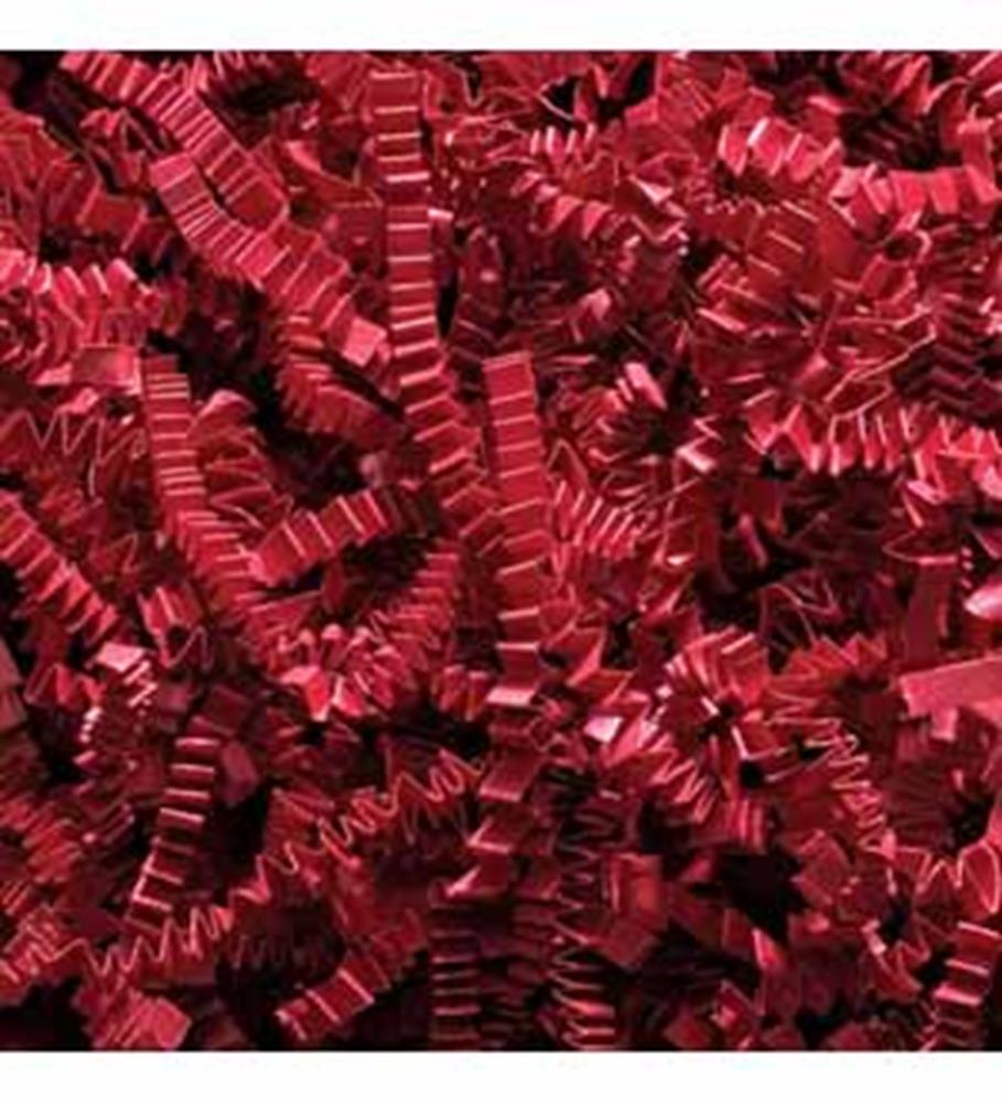 Bright red crinkled paper shred with shiny texture for decorative packaging.