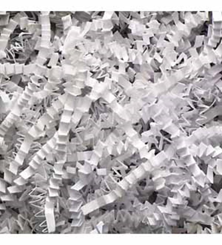 White crinkled paper shred with a lightweight, shredded texture, ideal for packaging or decoration.