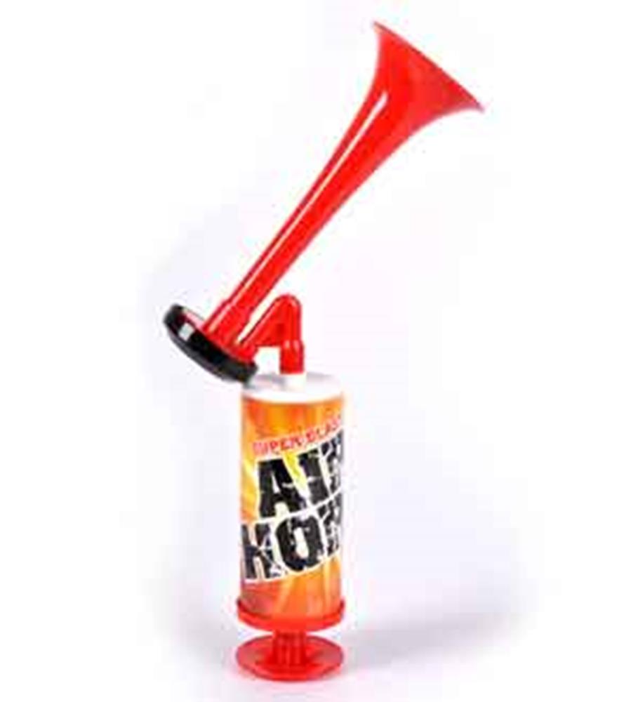 Red plastic air horn with white and orange canister labeled Air Horn Pump.