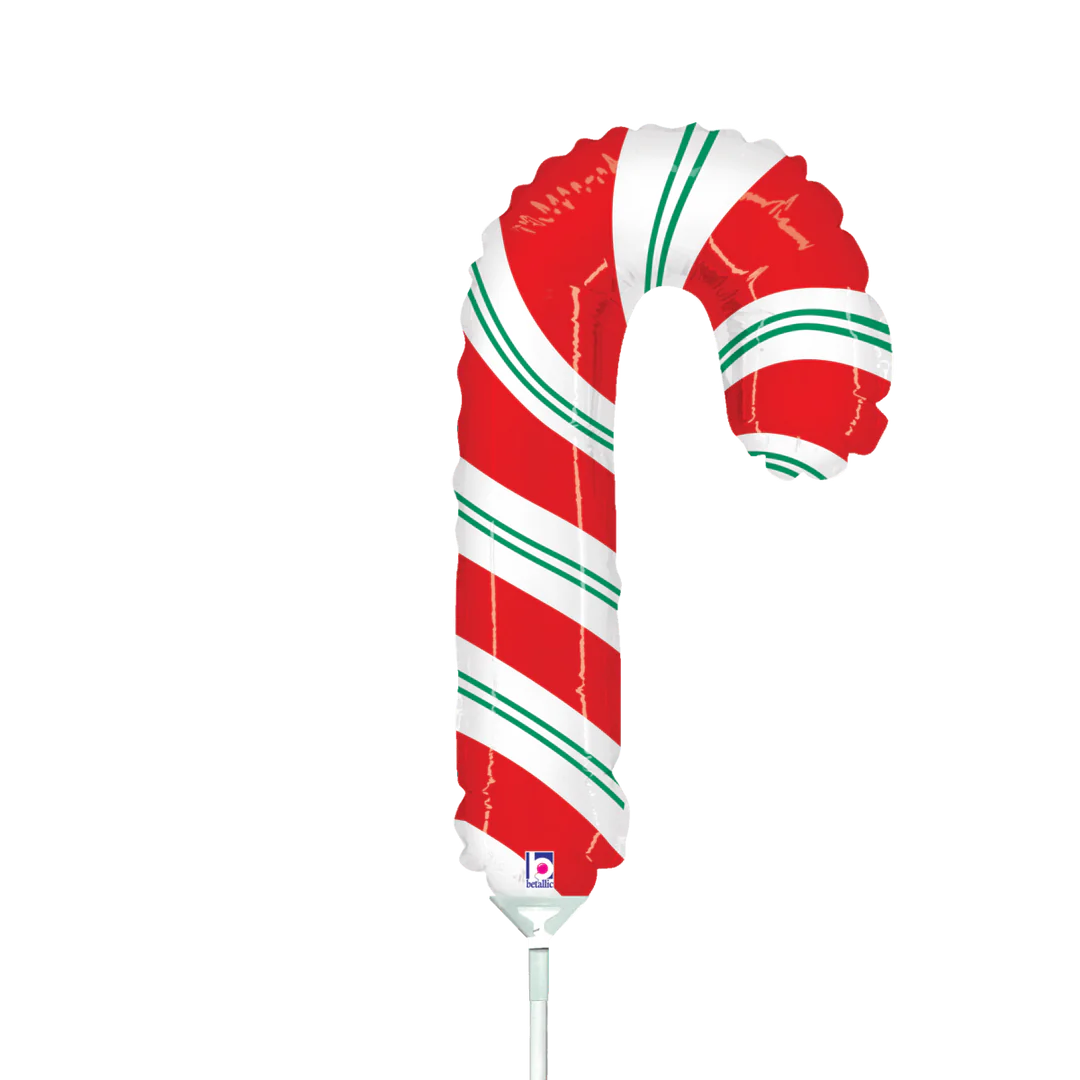 Red and white striped candy cane-shaped foil balloon with green accents, 14 inches tall.