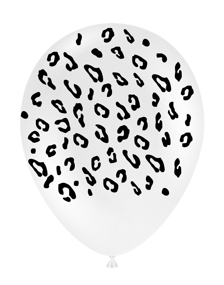 Clear 11-inch latex balloon with black leopard print pattern, round shape, pack of 25.