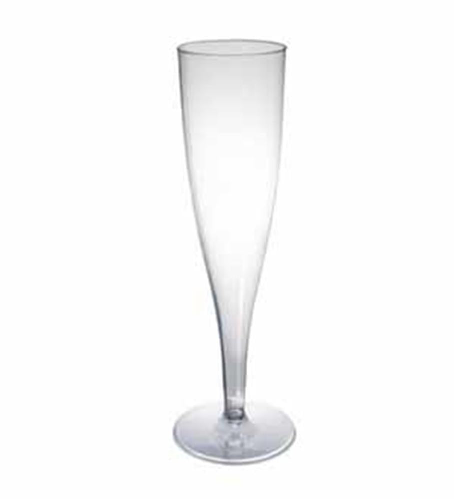 Clear plastic champagne flute with a long slender bowl and flat base, 5oz capacity.
