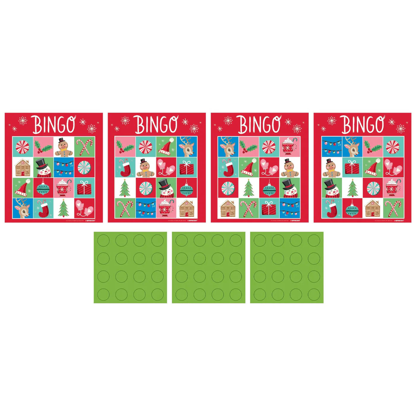 Christmas-themed bingo cards with holiday icons in red and green, plus green circular markers.