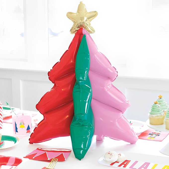 22.5-inch inflatable Christmas tree balloon centerpiece with red, green, and pink sections topped by a gold star.