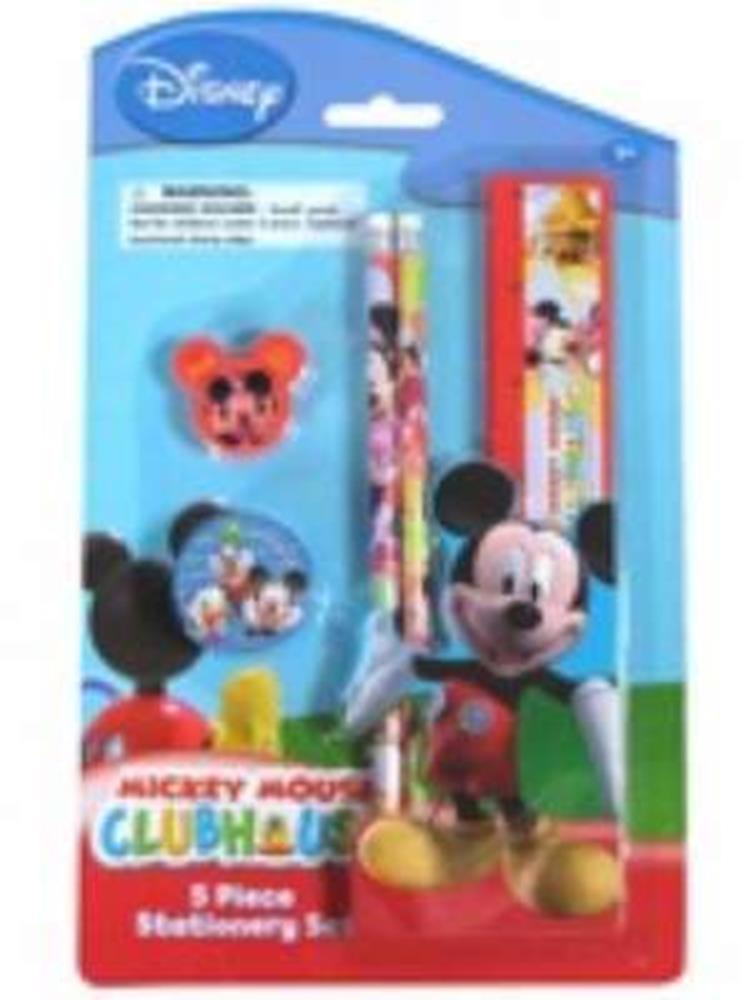 Mickey Mouse 5-piece blue stationery set with pencil, ruler, sharpener, eraser, and notepad featuring colorful Disney.