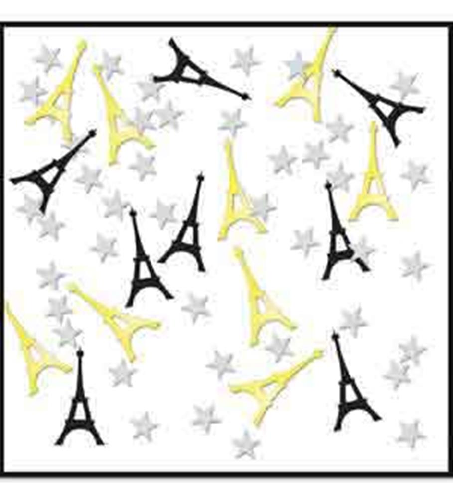 Black and yellow Eiffel Tower shaped confetti with small silver star accents on a clear background.