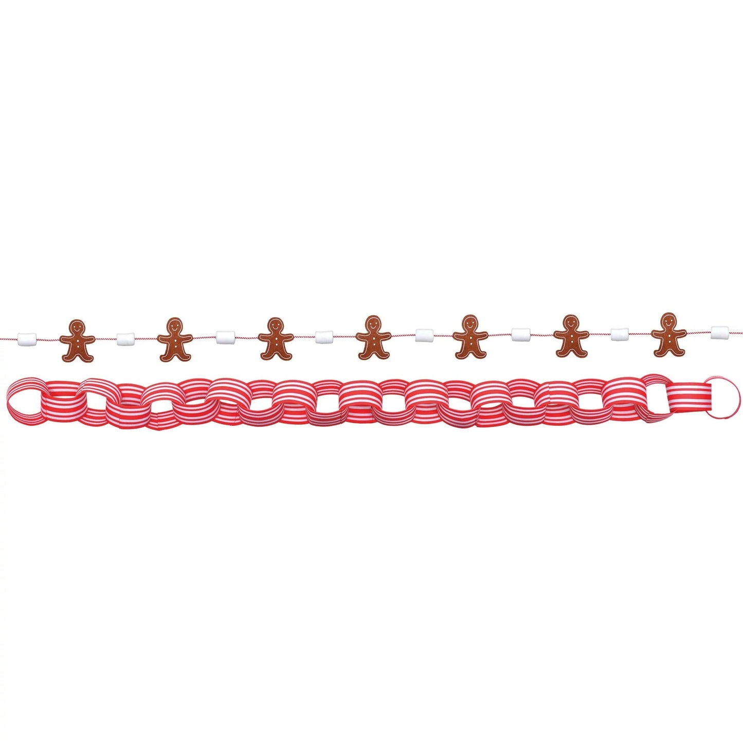 Garland set with gingerbread men and red-and-white paper chain links, festive Christmas decor.