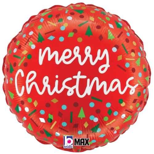 Red round foil balloon with white "Merry Christmas" text and green, white, and red confetti designs.