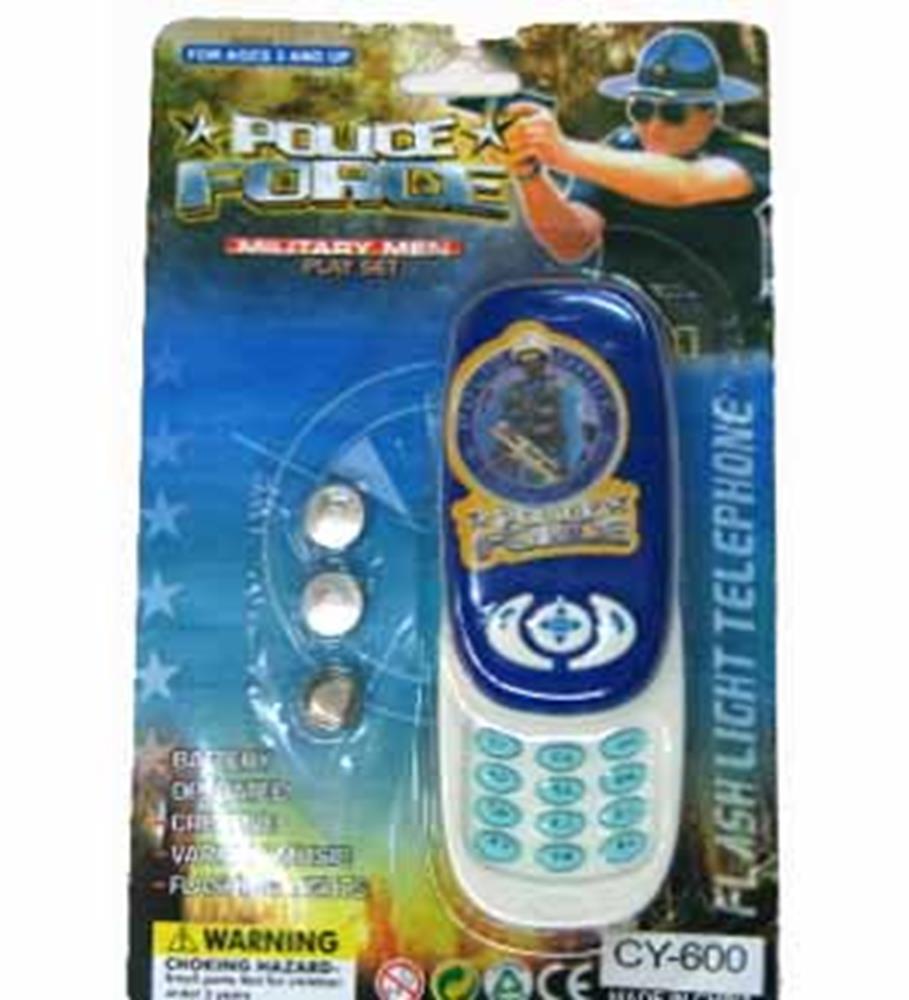 Blue and white toy cell phone with buttons, named CY-600, in police-themed packaging with three silver toy coins.