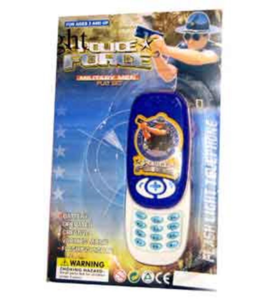 Blue toy cell phone with white keypad and colorful screen graphic in plastic packaging.