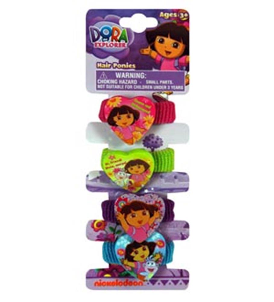 Four colorful elastic hair ties with Dora the Explorer character decorations, featuring pink, green, purple, and blue bands.