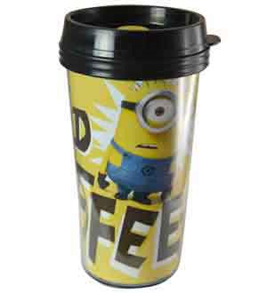 Yellow and blue Minion-themed 16oz travel tumbler with black lid and bold text design.