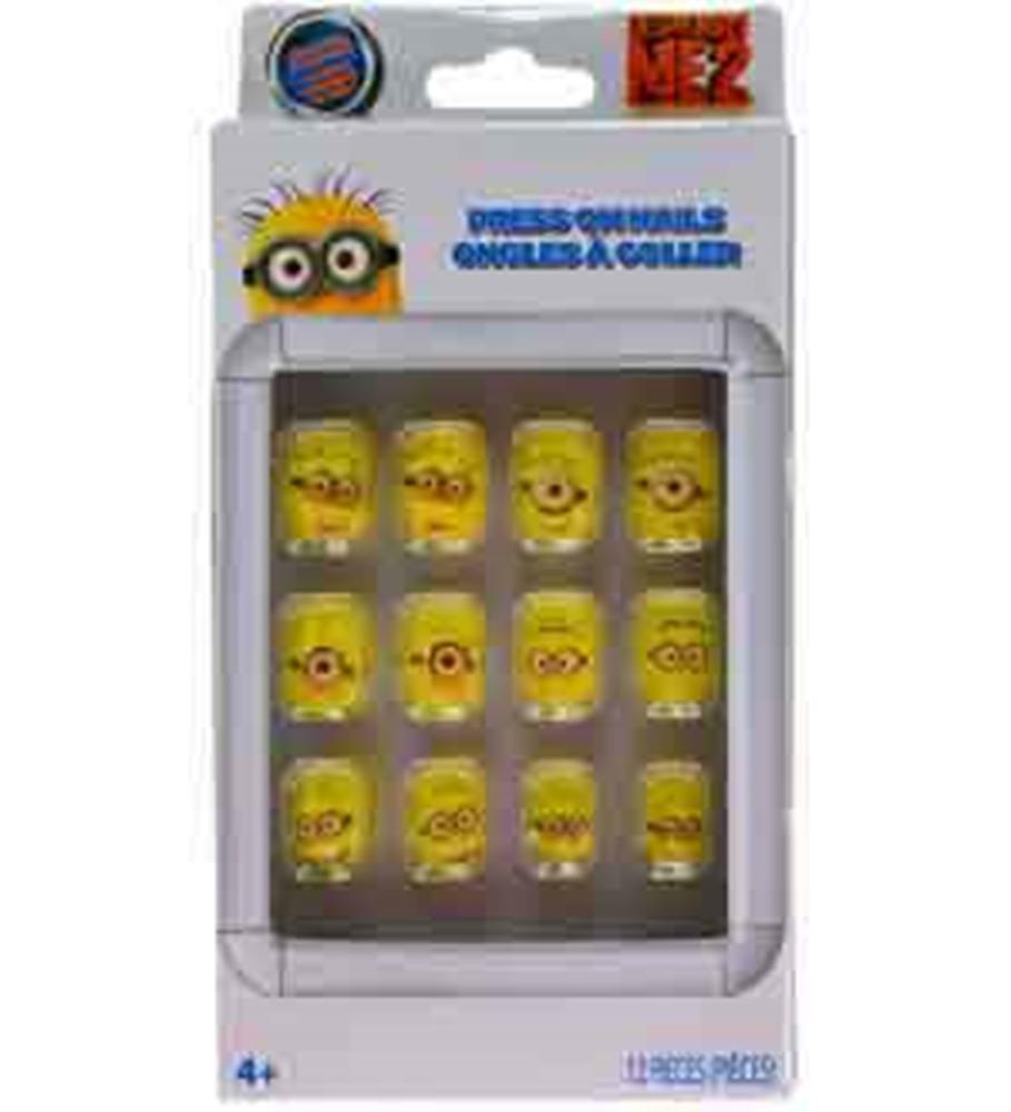 Yellow press-on nails featuring various Minions faces from Despicable Me in a 12-pack set.