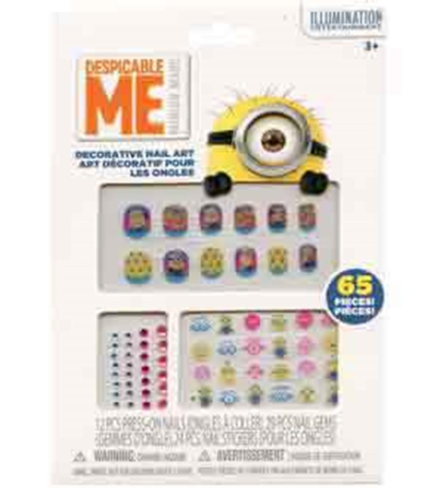 12-piece Minions-themed decorative nail set with colorful cartoon designs and various sizes.