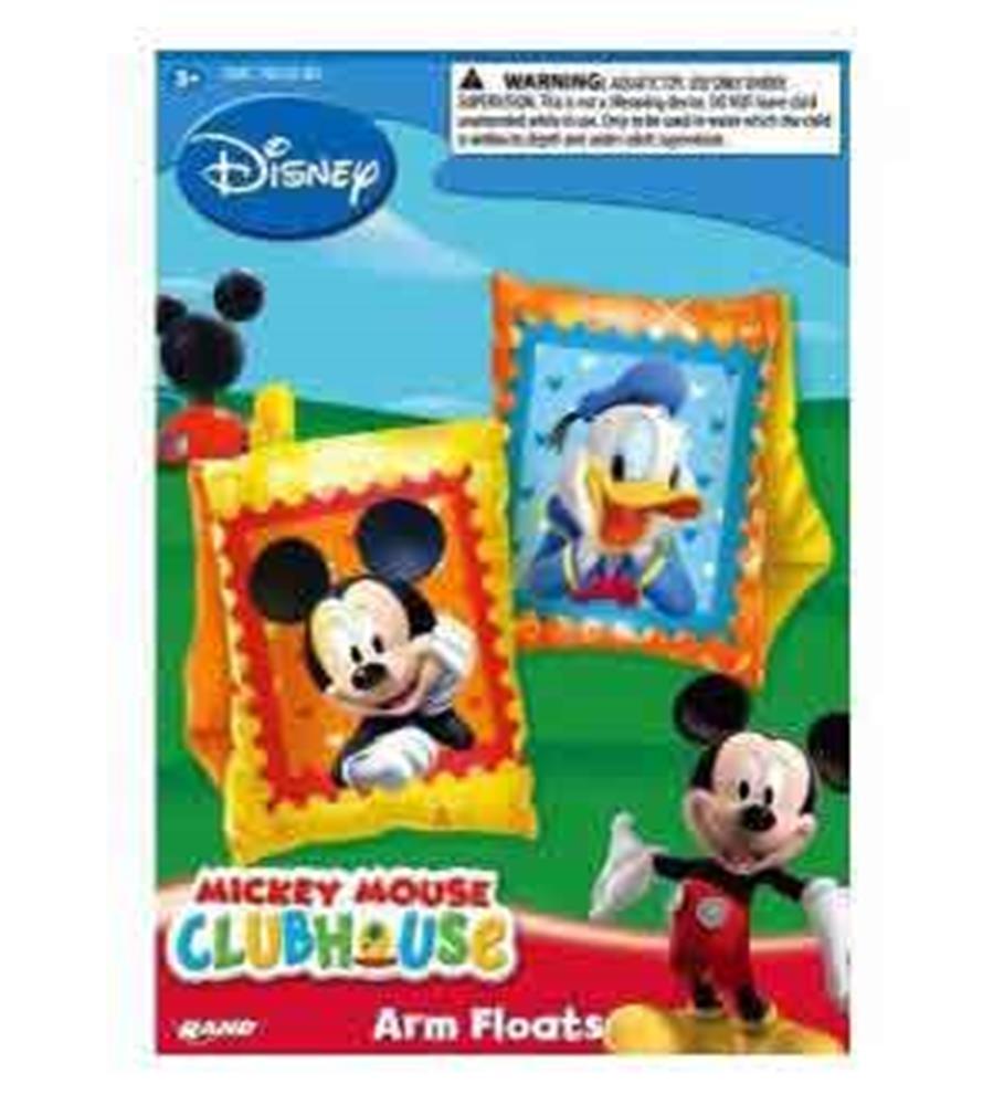 Yellow and orange inflatable arm floaties featuring Mickey Mouse and Donald Duck illustrations for kids.