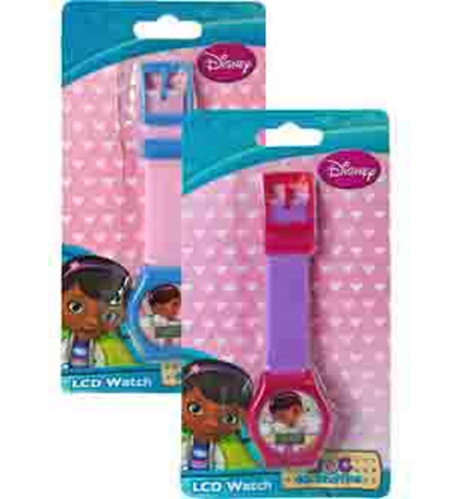 Girls digital watch with pink and purple adjustable strap, featuring Doc McStuffins character on the face.