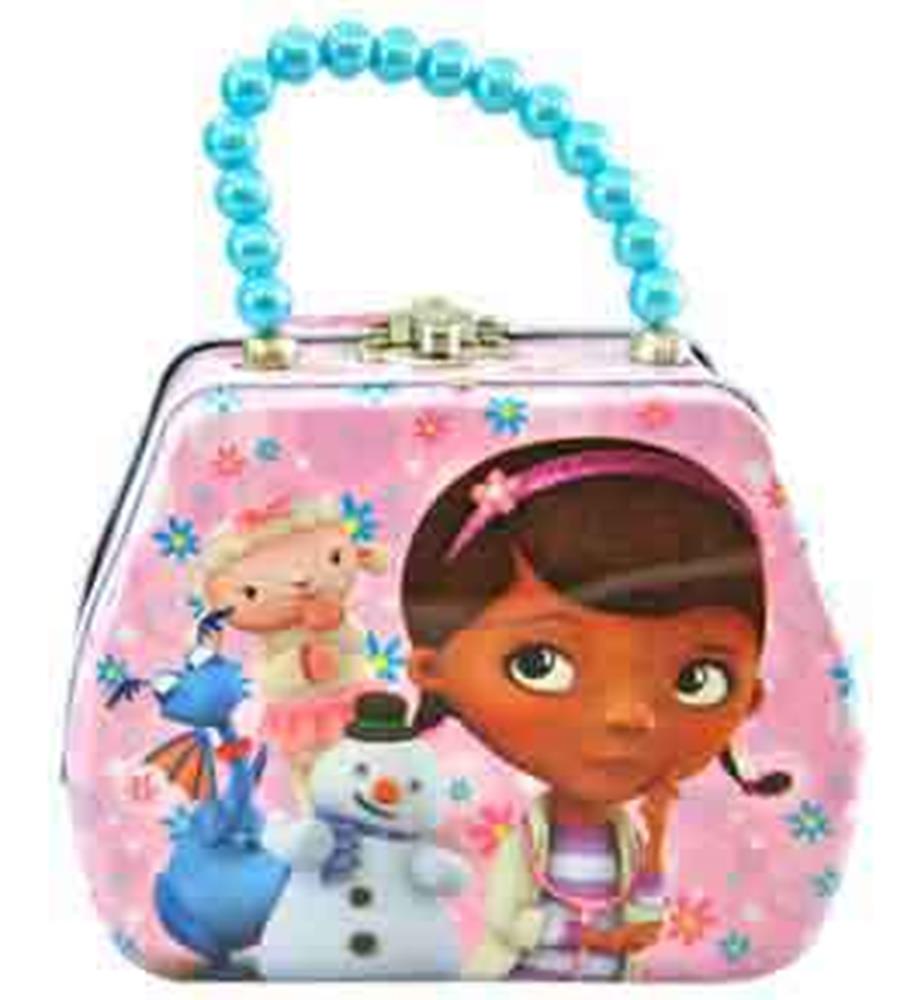 Pink rectangular tin box shaped like a purse with Doc McStuffins character and friends, blue bead handle.
