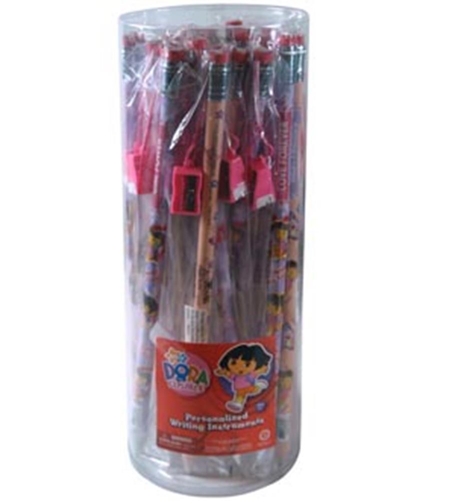Clear cylindrical container filled with large wooden Dora the Explorer pencils featuring pink erasers and decorative cartoon