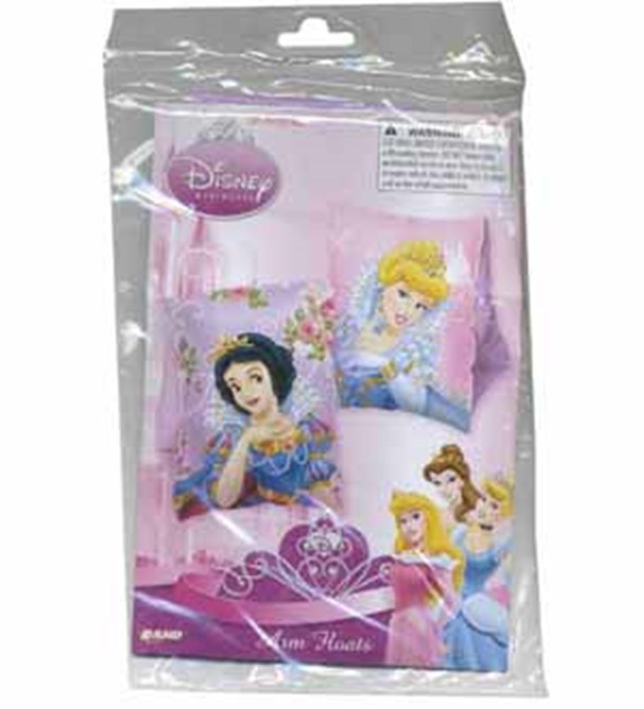 Pink inflatable arm floaties featuring Disney princesses Snow White, Cinderella, Belle, and Aurora with floral and heart.