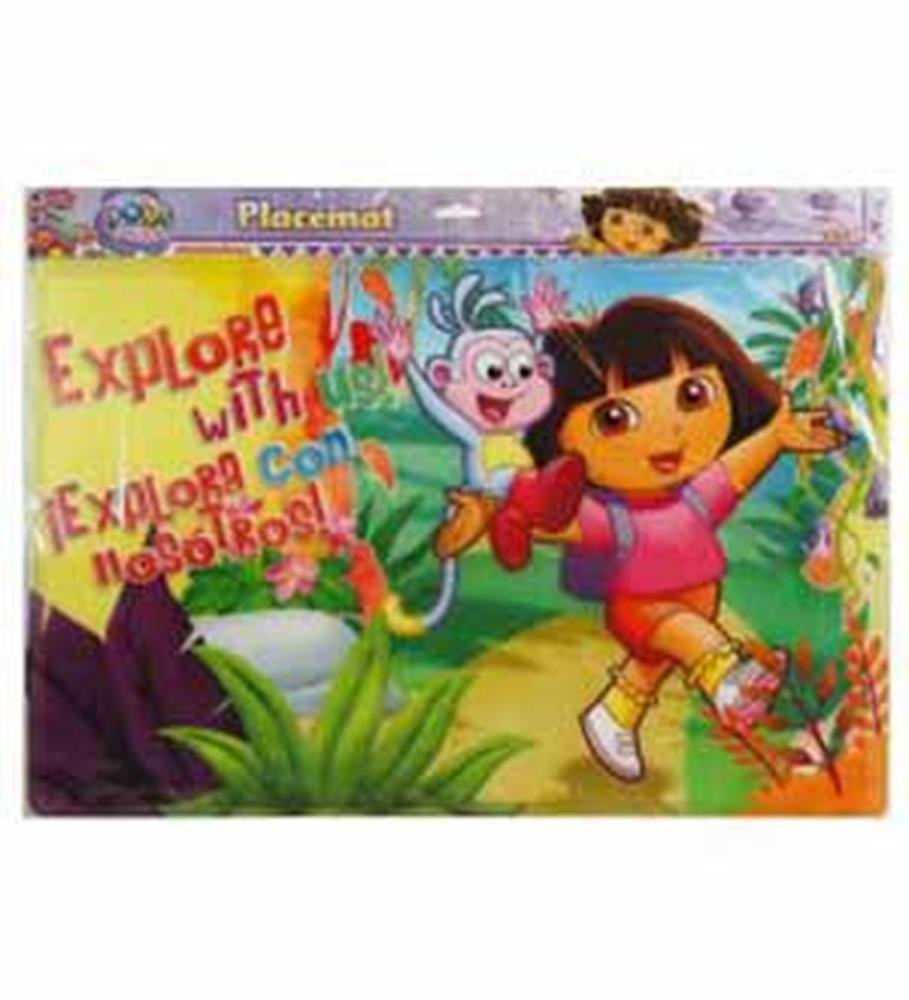 Colorful rectangular placemat featuring Dora the Explorer and Boots in a jungle setting with the text "Explore with me".