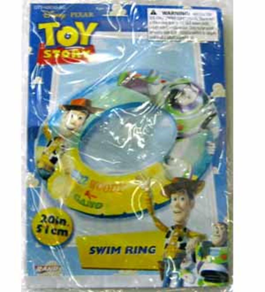 Round inflatable swim ring with Toy Story characters Woody and Buzz Lightyear on a blue background.