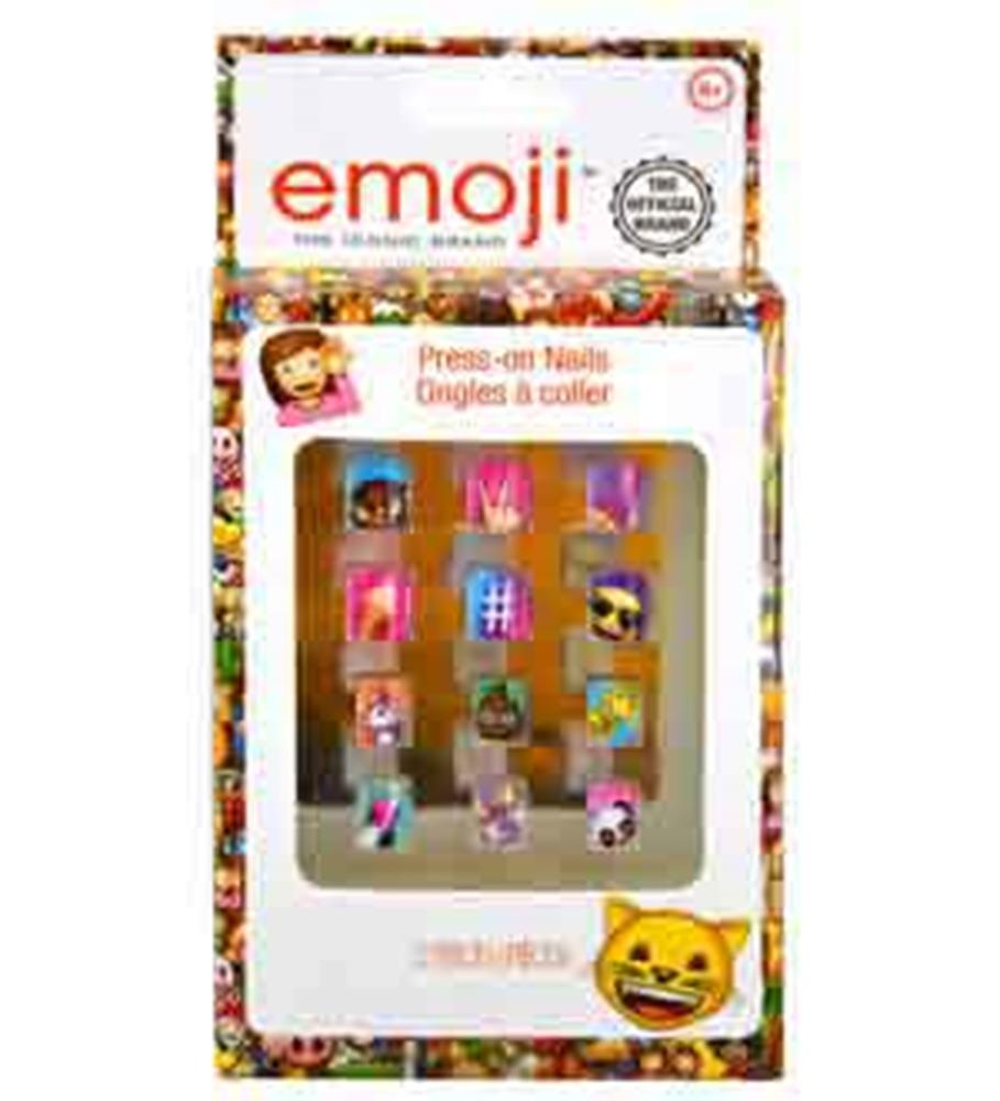 Colorful press-on nails featuring various playful emoji faces, packaged in a clear display box.