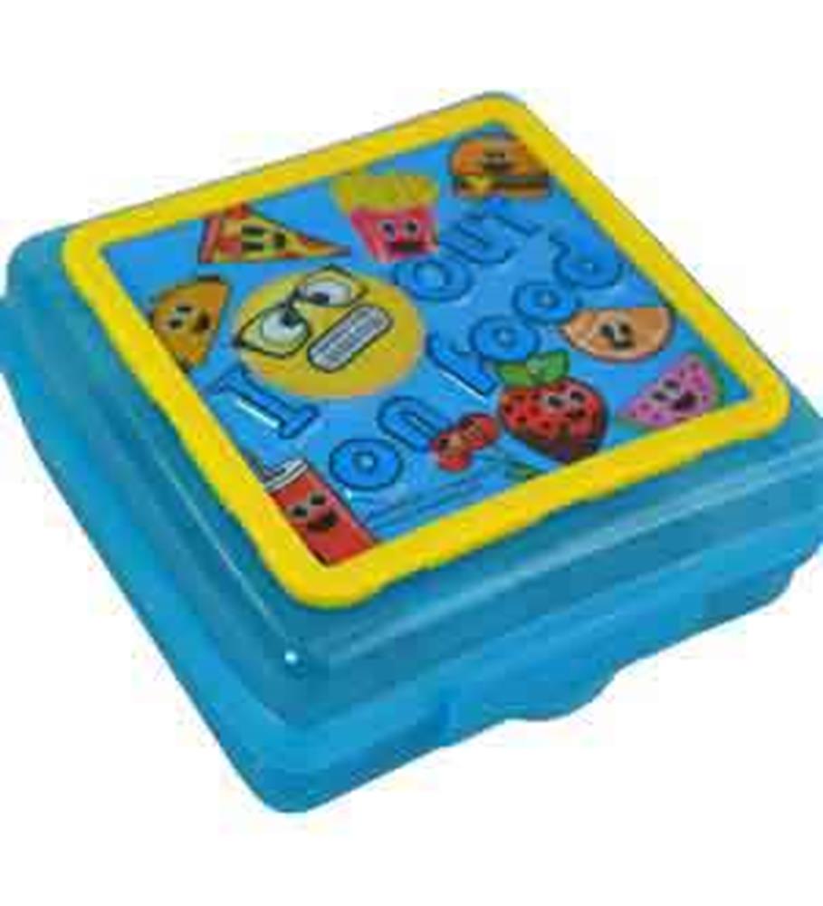 Square blue plastic food container with yellow-rimmed lid decorated with colorful emoji faces and playful text.