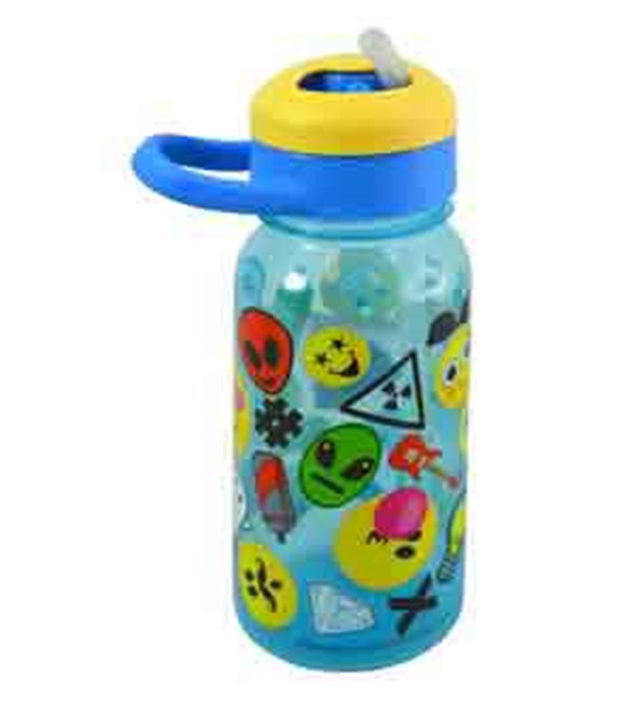 Blue plastic water bottle with yellow lid, silicone straw, and colorful emoji faces design.
