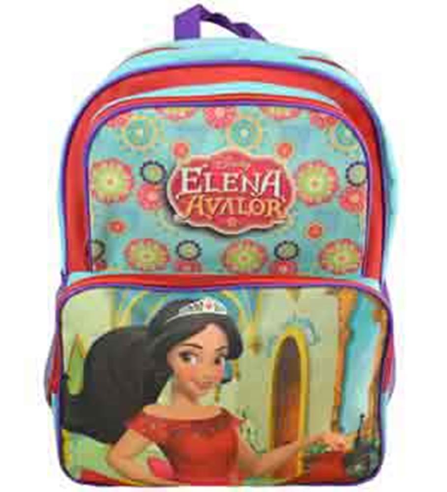 Light blue and red 16-inch backpack featuring Elena of Avalor with floral background and front zip pocket.