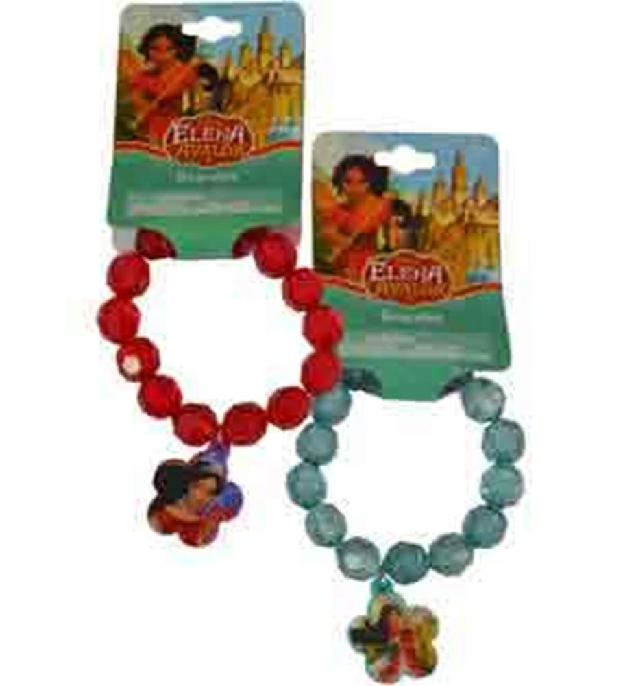 Set of two Elena of Avalor beaded bracelets, one red and one teal, each with character charm and branded card backing.