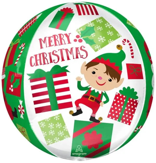 Round 16-inch ORBZ balloon with colorful Christmas gifts, candy canes, and a cartoon Santa elf on white background.