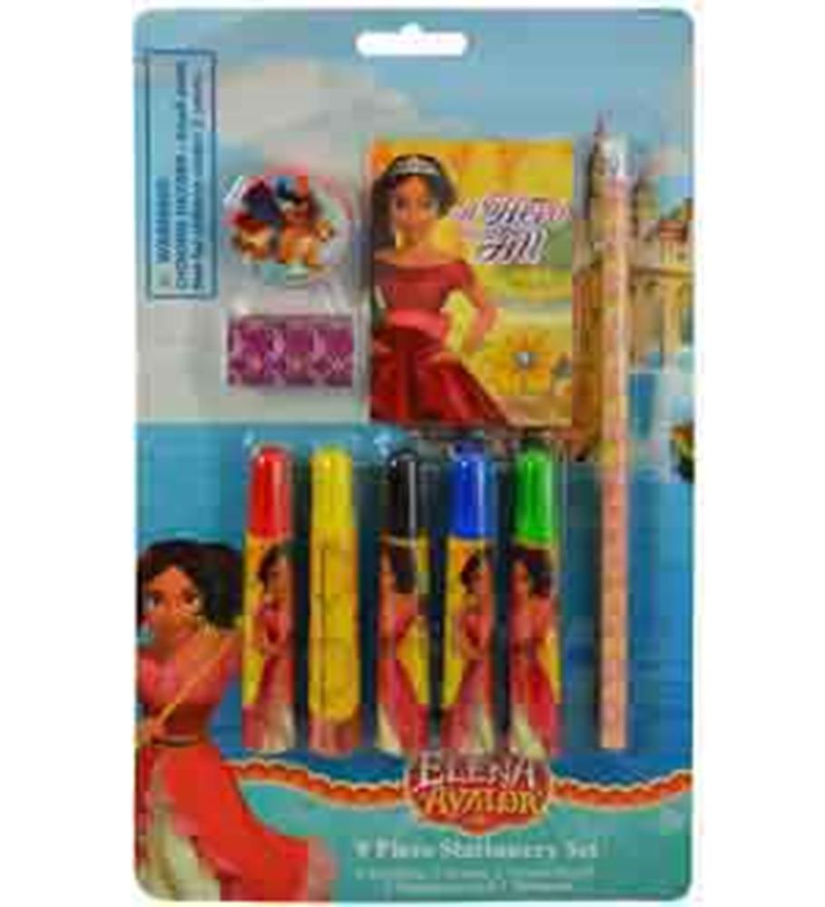 Elena of Avalor 9-piece stationery set with colorful markers, notepad featuring Elena, and themed pen in bright packaging.