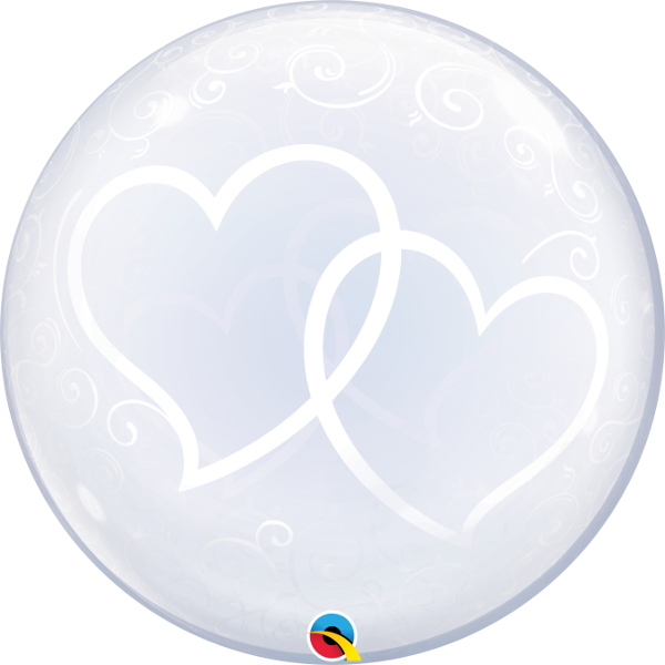 24-inch clear bubble balloon with white entwined hearts and decorative swirls.