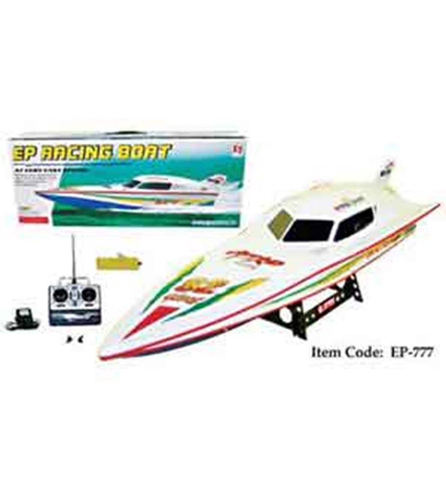 White and red 29-inch RC racing boat with sleek aerodynamic design and remote control set.