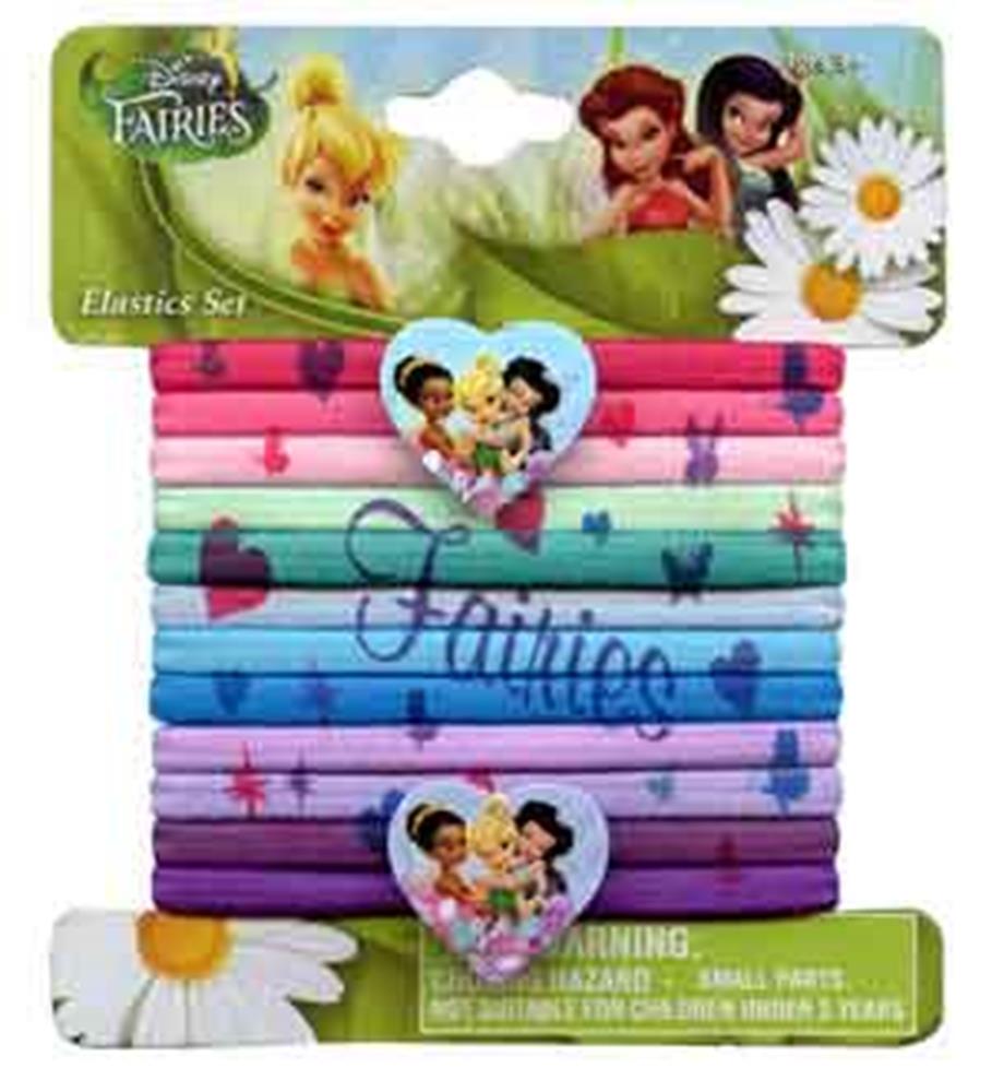Set of 12 colorful printed hair elastics featuring Tinkerbell and fairies, with heart-shaped character charms on some bands.