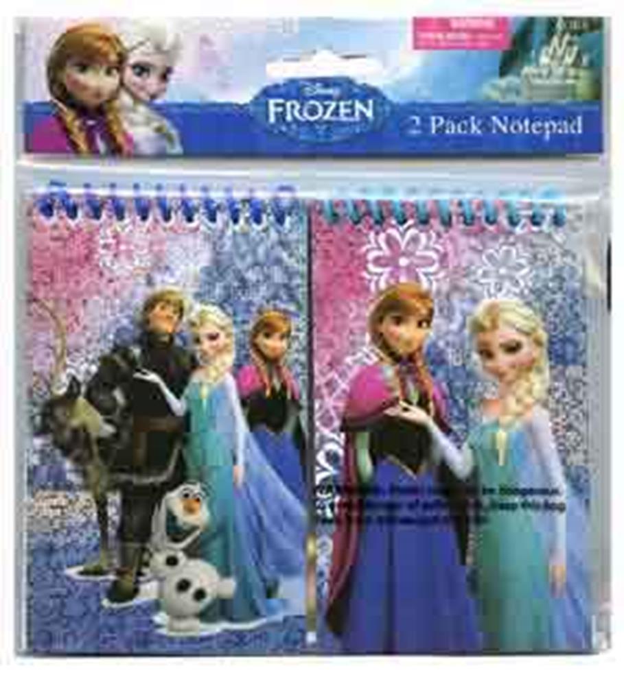 Two 3x5 spiral notebooks with Disney Frozen characters Anna, Elsa, Kristoff, Sven, and Olaf on colorful sparkly covers.