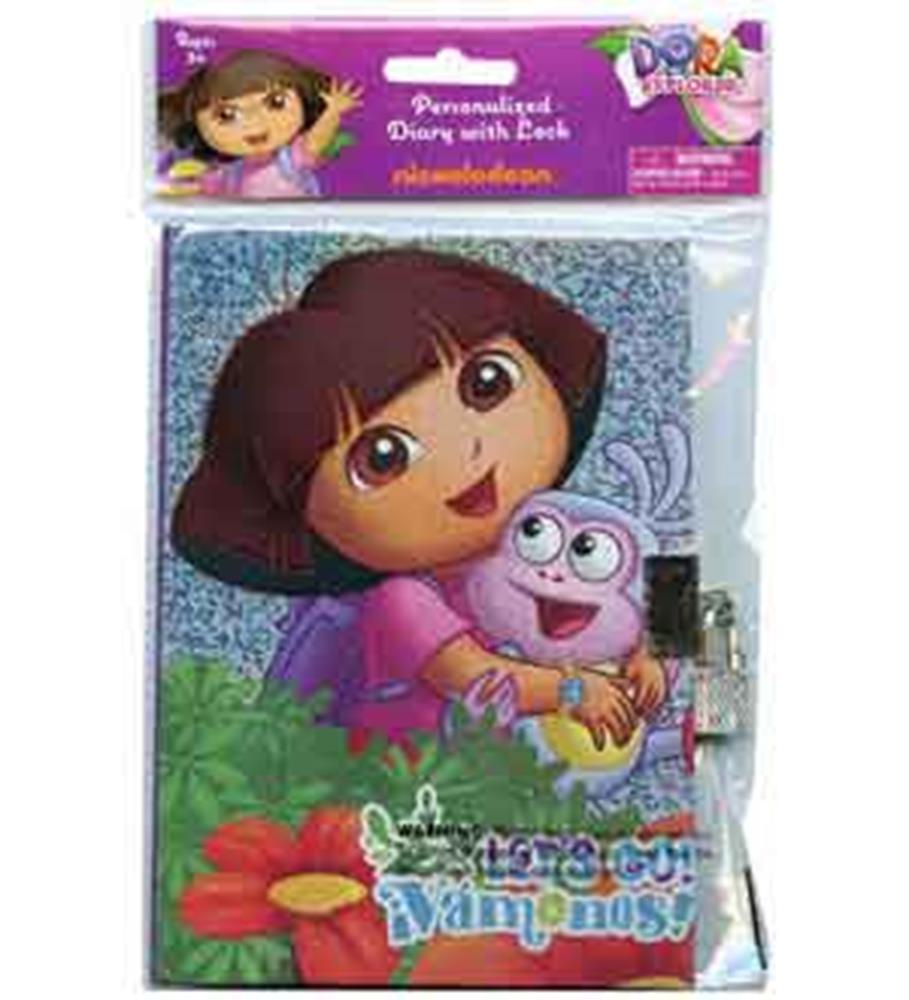 Blue lock diary with Dora the Explorer hugging Boots the monkey on front cover, sparkly background, 50 sheets.