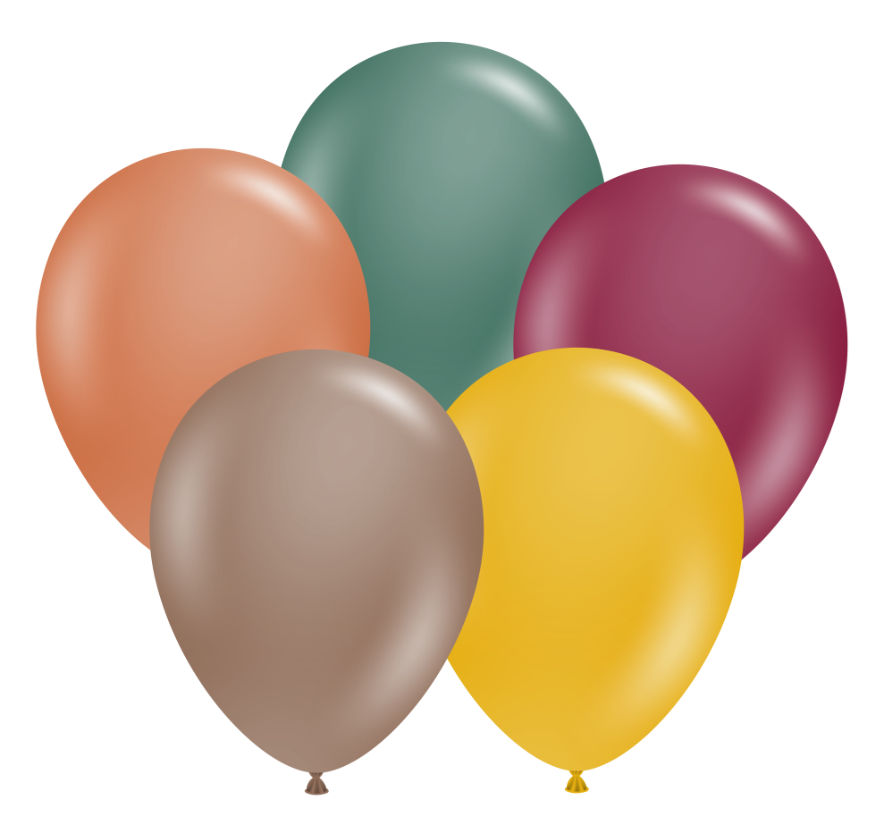 Assorted 11-inch latex balloons in muted autumn colors including burnt orange, forest green, deep plum, taupe, and mustard.