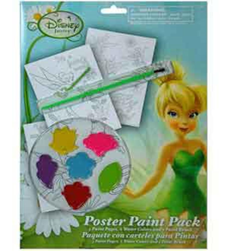 Tinkerbell-themed paint your own poster kit with five black and white posters, a paintbrush, and six colorful paint pots.
