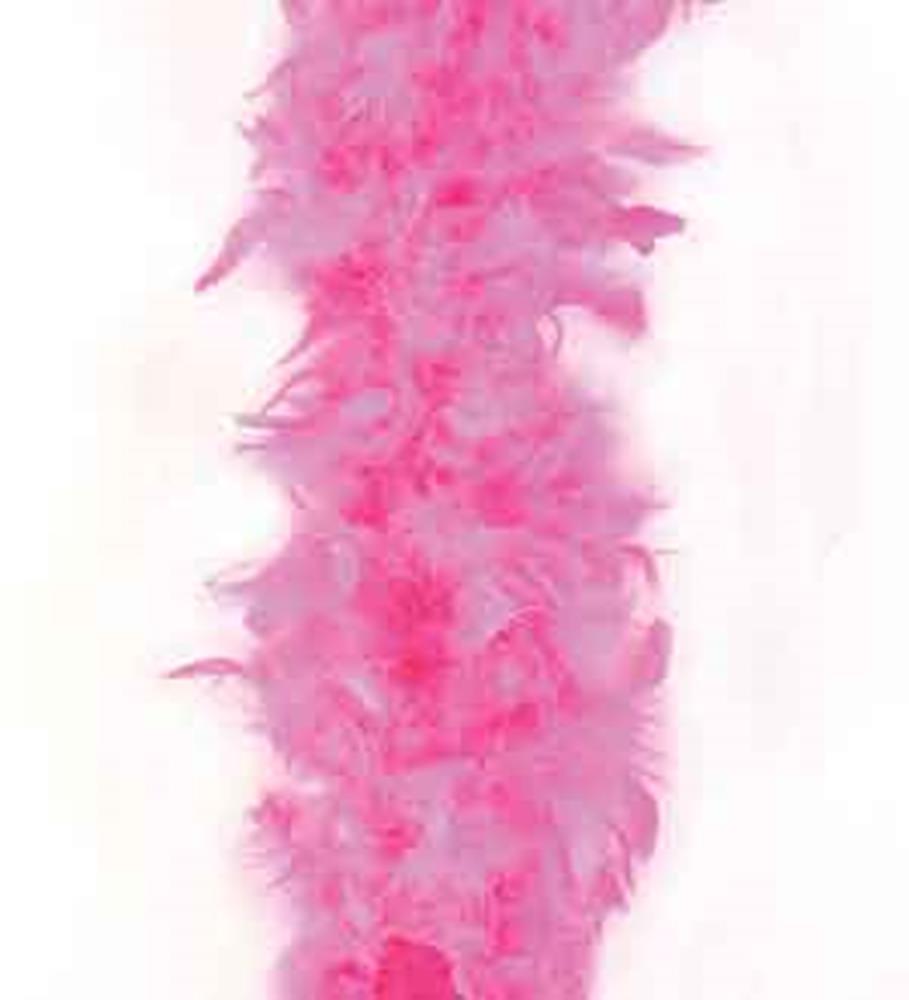 Fluffy bright pink feather boa with soft, wispy feathers, 6.35 inches wide.