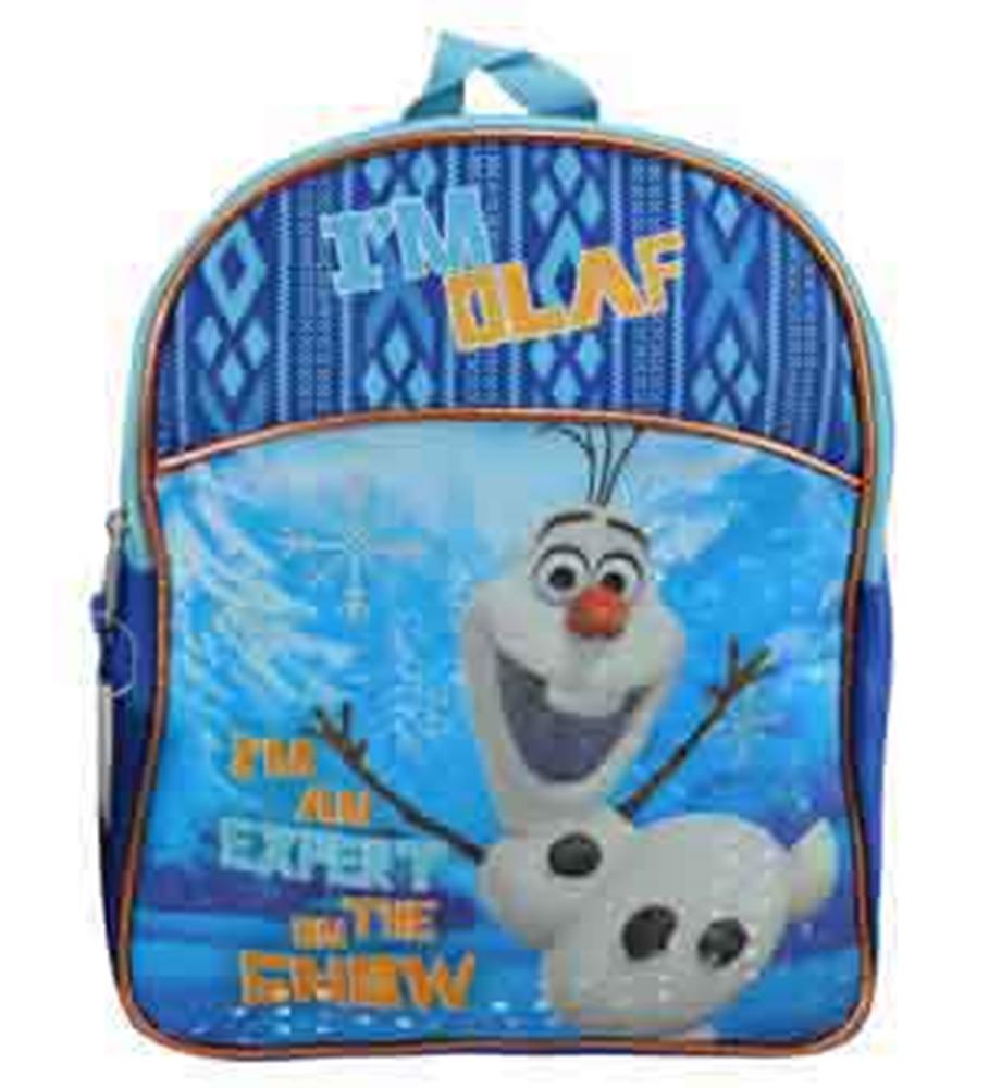 Blue mini backpack featuring Disney's Olaf with snowflake background and "I'm an expert on the snow" text.