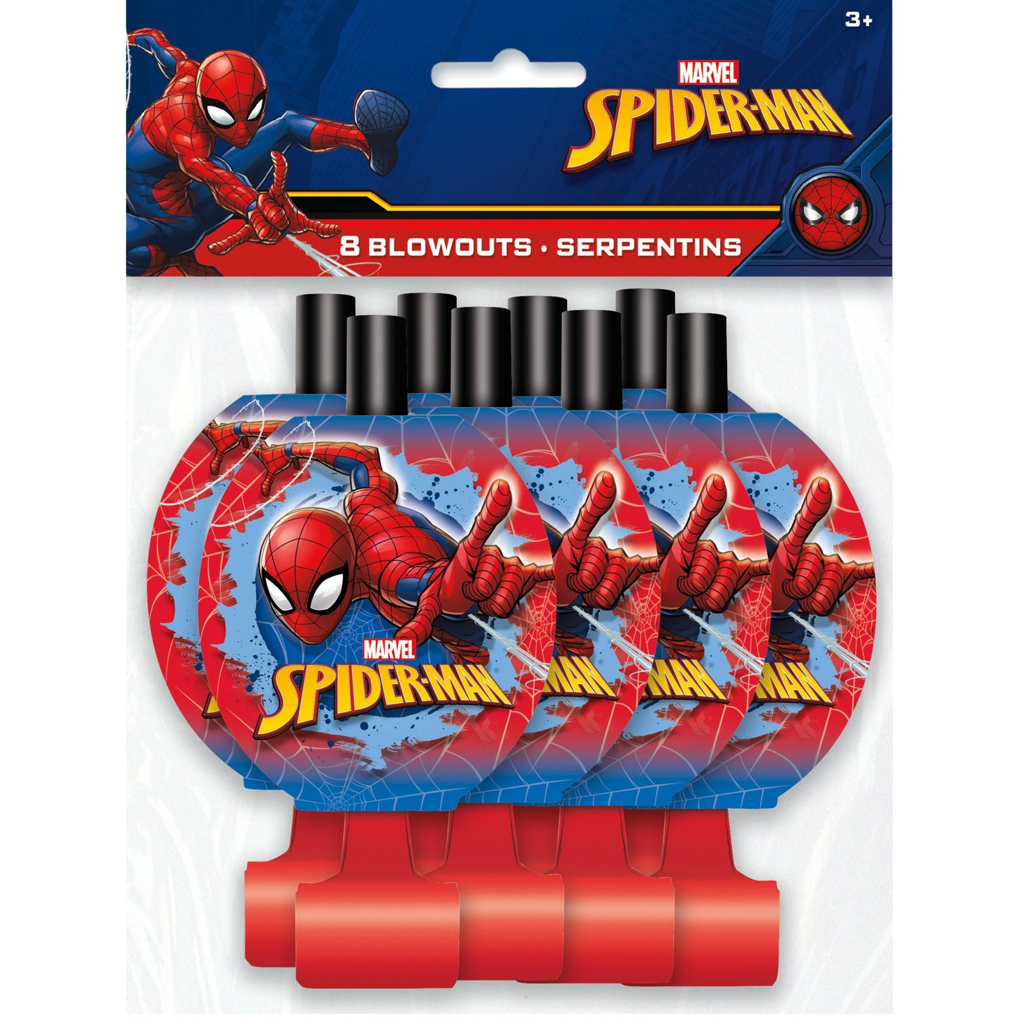 Set of 8 Spider-Man themed blowouts with red plastic mouthpieces and blue paper featuring Spider-Man swinging on webs.