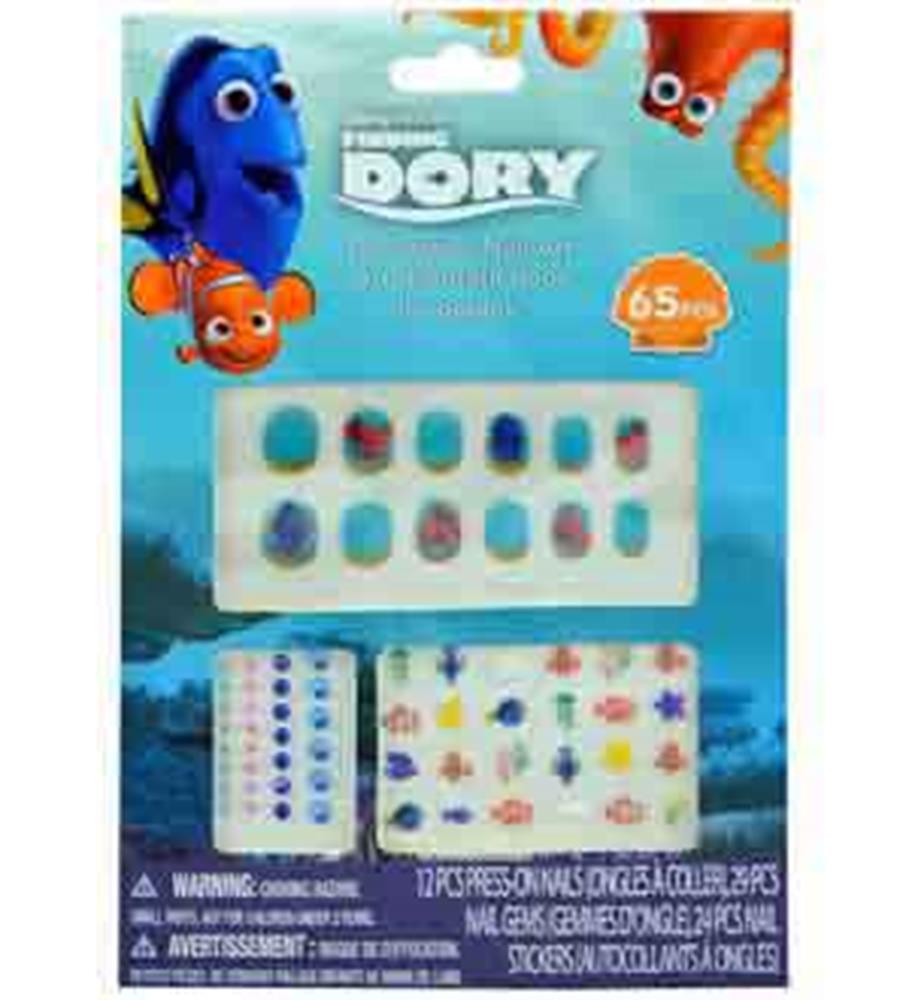 Colorful set of 12 plastic Finding Dory-themed fake nails with ocean character designs.