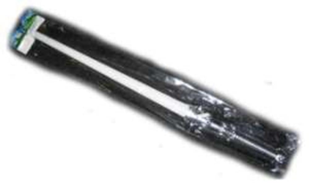 Long thin toy sword with a blue glowing blade and black handle wrapped in plastic packaging.