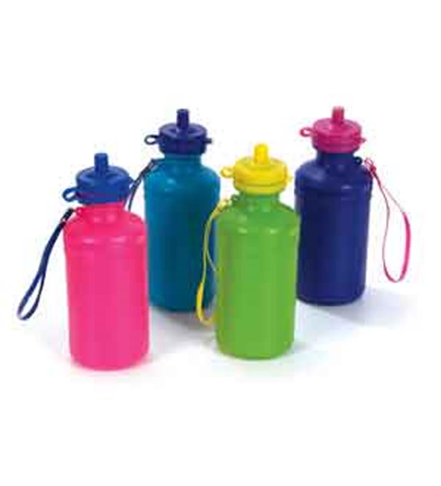Four 18oz plastic water bottles in bright pink, blue, teal, and green with matching screw-top lids and wrist straps.