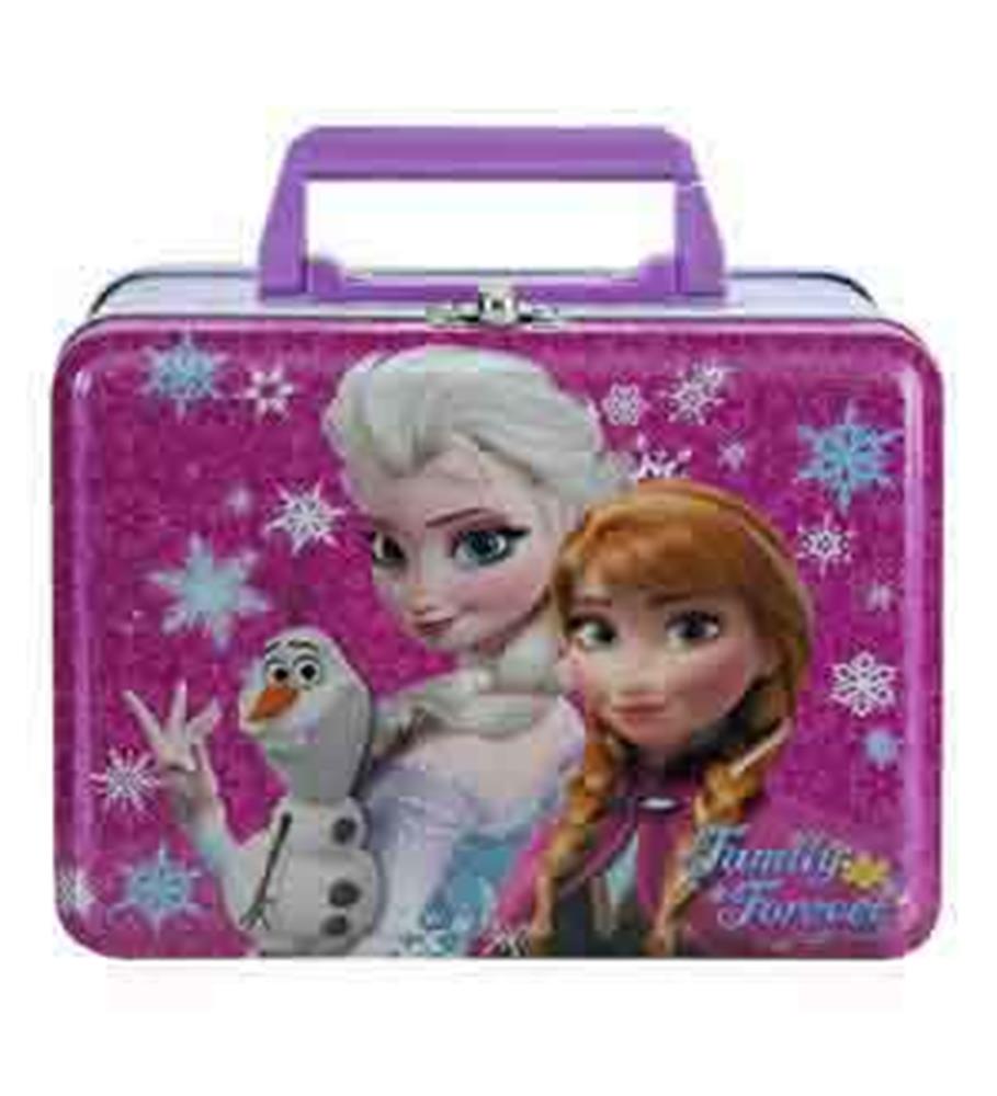 Purple rectangular tin box with handle, featuring Frozen characters Elsa, Anna, and Olaf with snowflake designs.