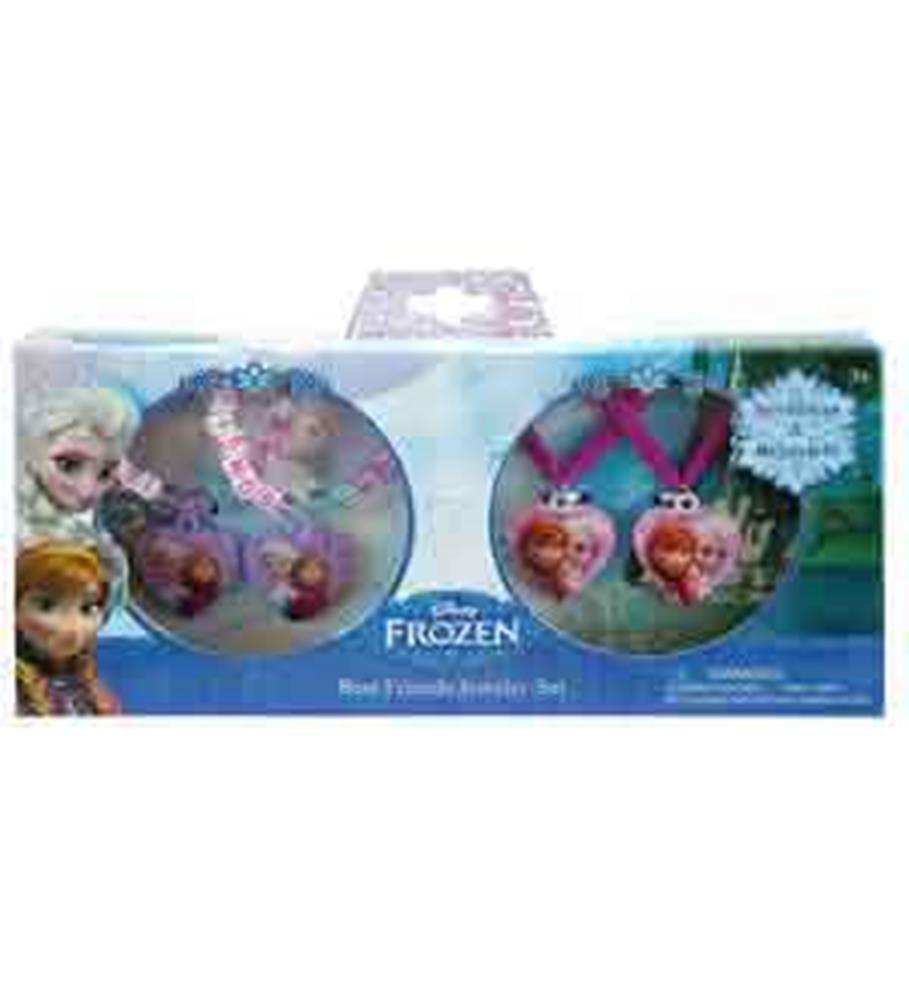 Frozen-themed girls jewelry set with pink heart earrings and matching necklace in decorative packaging.