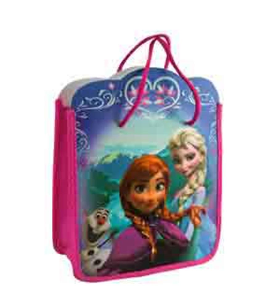 Square pink and blue fabric party bag featuring Disney Frozen characters Anna, Elsa, and Olaf with pink handles.