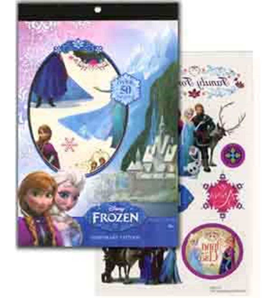 Four-sheet set of Disney Frozen temporary tattoos featuring characters Anna, Elsa, Olaf, and Sven on a blue and purple.
